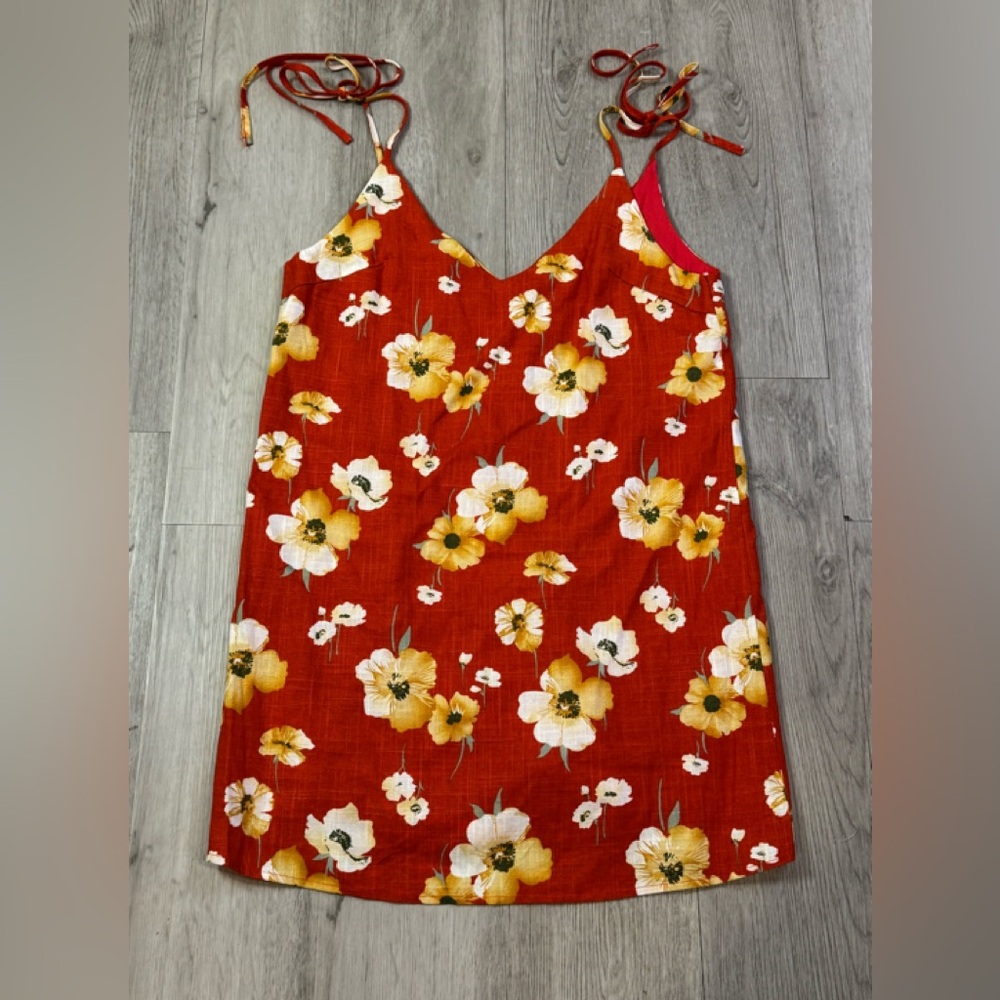 Style Rack Red Hawaiian Floral Print Shirt Dress Sleeveless Linen Small NWT